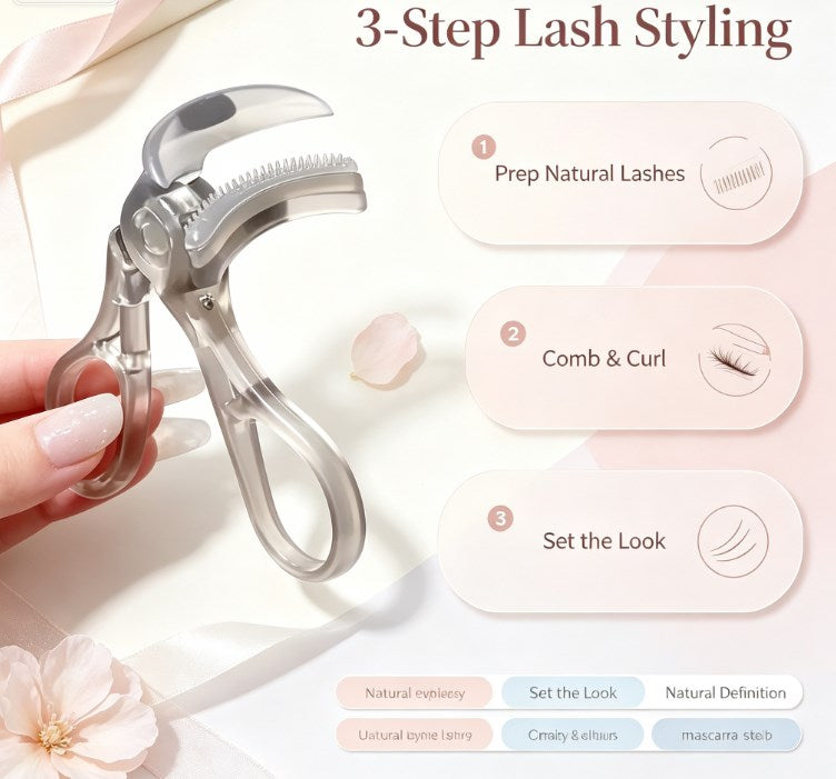 3-Piece Tooth Comb Eyelash Curler Kit - Ergonomic Frameless Wide-Angle & Detail Styling Tools for Panoramic Lash Lift