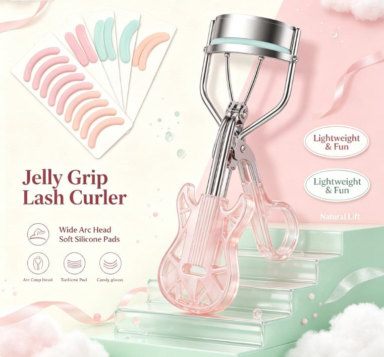 Damage-Free Curved Eyelash Styling Kit - Portable Guitar-Style Beauty Tool Packed with 10 Replacement Cushions