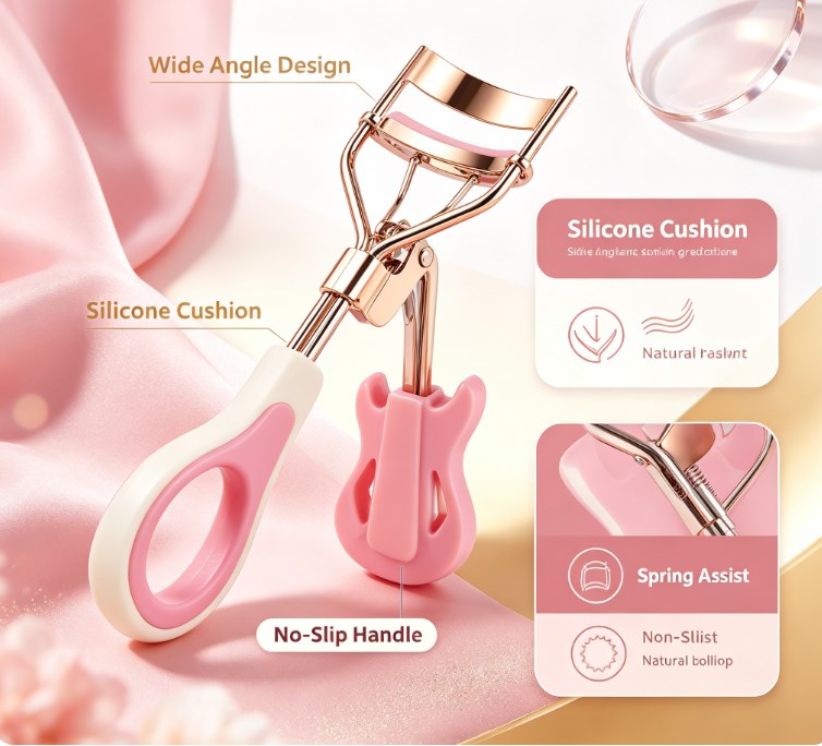 Damage-Free Curved Eyelash Styling Kit - Portable Guitar-Style Beauty Tool Packed with 10 Replacement Cushions