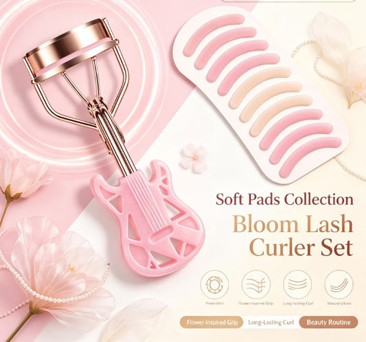 Damage-Free Curved Eyelash Styling Kit - Portable Guitar-Style Beauty Tool Packed with 10 Replacement Cushions