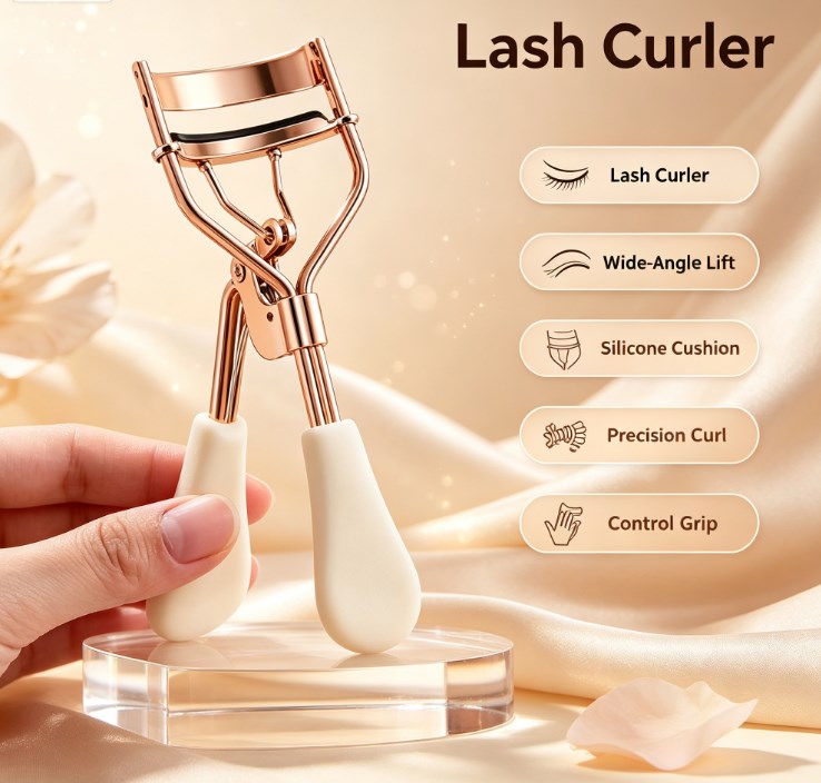 Ergonomic Stainless Steel Eyelash Curler with 15 Silicone Refill Pads – Precision Wide-Angle Lash Curling Tool