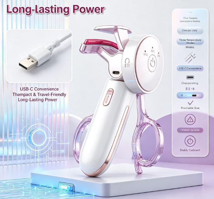 Fast-Acting Cordless Heated Eyelash Curler - Portable USB Type-C Electric Makeup Tool with Scald-Free Protection for All-Day Lift