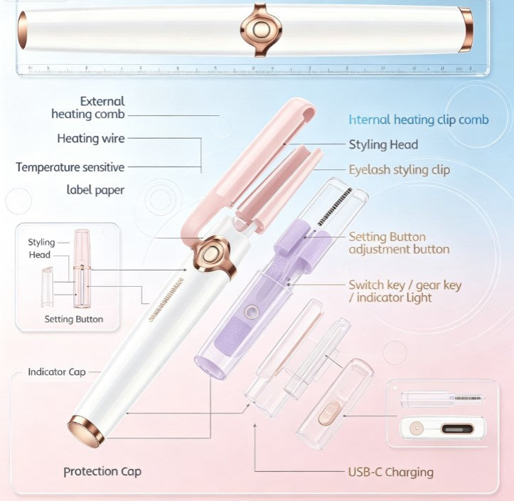 Heated Lash Curler with Integrated Comb - USB Rechargeable 3-Gear Thermal Wand Safe for False Lashes & Mascara Styling